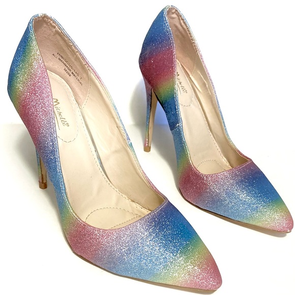 Anne Michelle Glitter Pumps Rainbow Heels Pointed Toe HIBISCUS Stilletos sz 7 - Picture 10 of 16